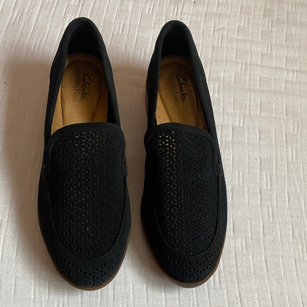 CLARKS  Black Suede Perforated Women’s Slip-On Loafers